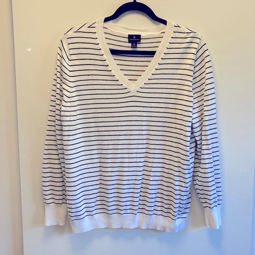 Black and white striped v-neck sweater